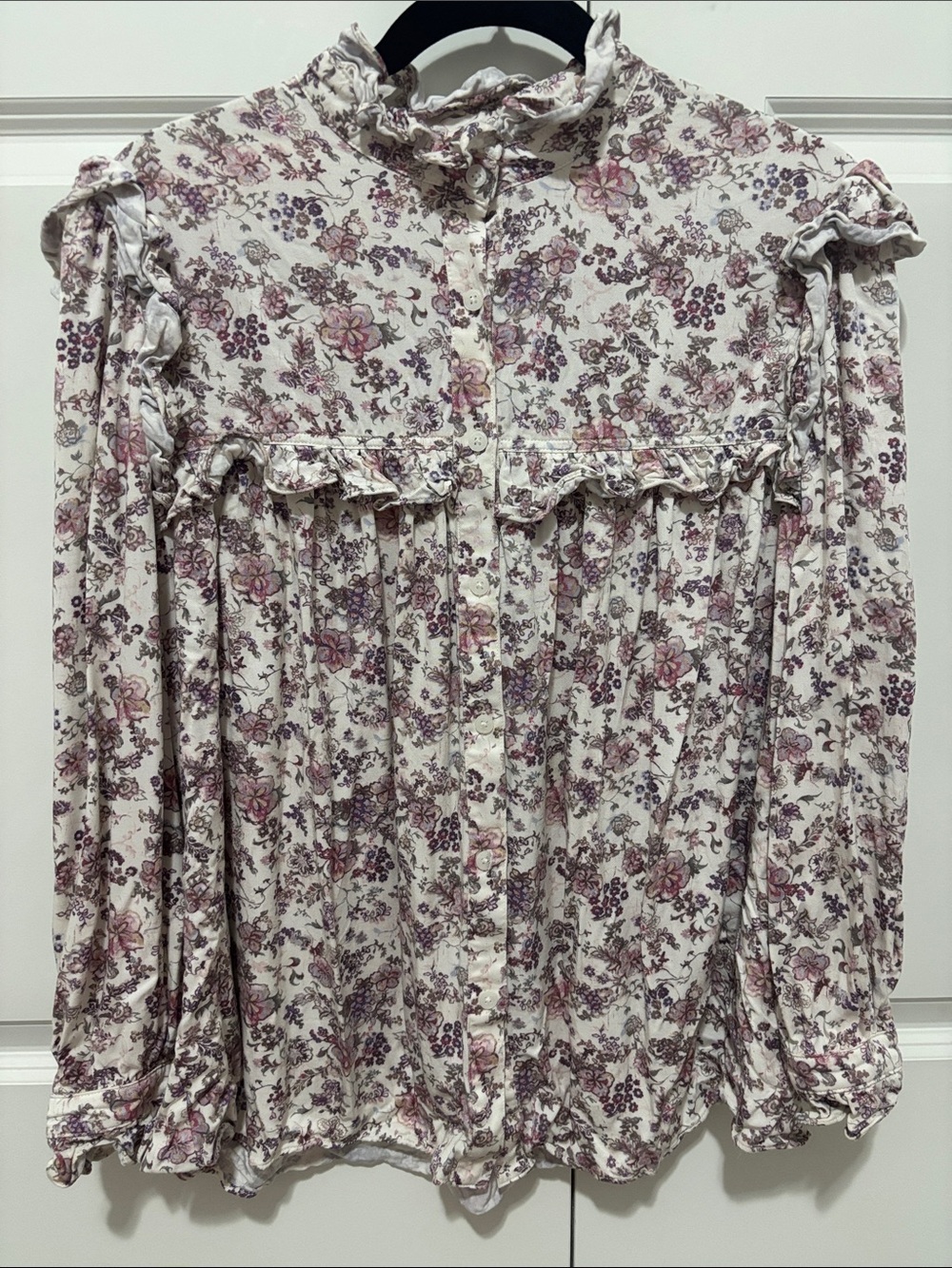 Floral Ruffle Button-Up Blouse in Cream and Dusty Rose